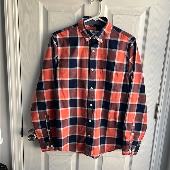 Express Other - Express Casual Orange and Blue Plaid Shirt Size Small Slim